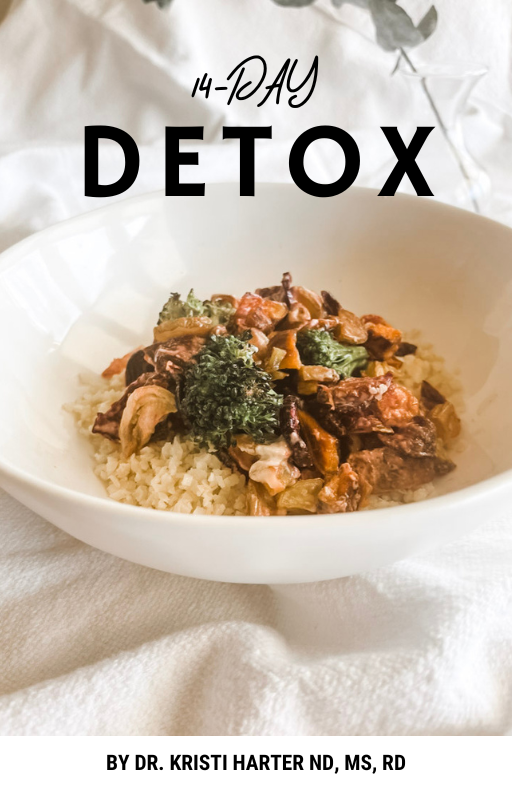 14 day detox with bowl of roasted vegetables and cauliflower rice